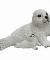 Baby dierenbeeld zeehond jong naast moeder speelgoed