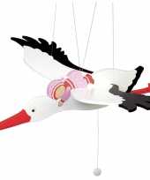 Decoratie ooievaar hout roze baby speelgoed